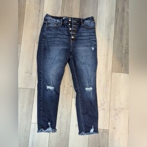 KanCan Dark Blue Distressed Ankle Jeans with Button Fly